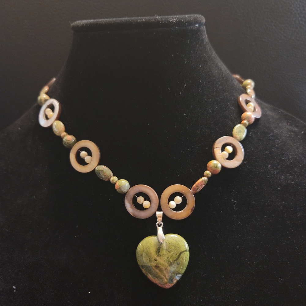Unakite Stone & Mother Of Pearl Necklace, Unakite Heart Pendant-Vintage, Estate